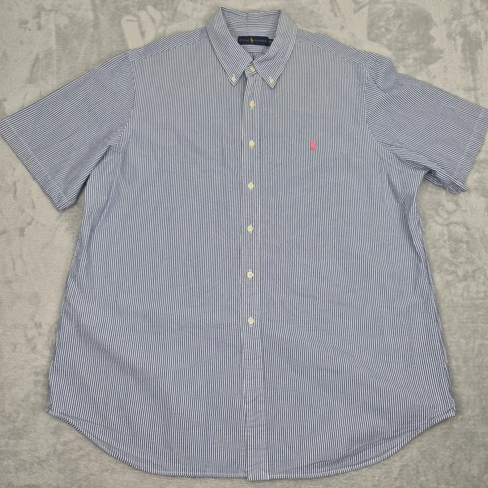 Ralph Lauren Short Sleeve Mens XXL Blue White Striped Seersucker Shirt Pink Pony